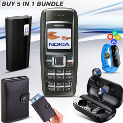 5 in 1 Bundle Offer, Nokia 1600 Keypad Mobile, Max 10000mah Powerbank, Tws Earpods, Bison M4 Smart Band Watch, Leather Wallet Card Slots And Cash Holder